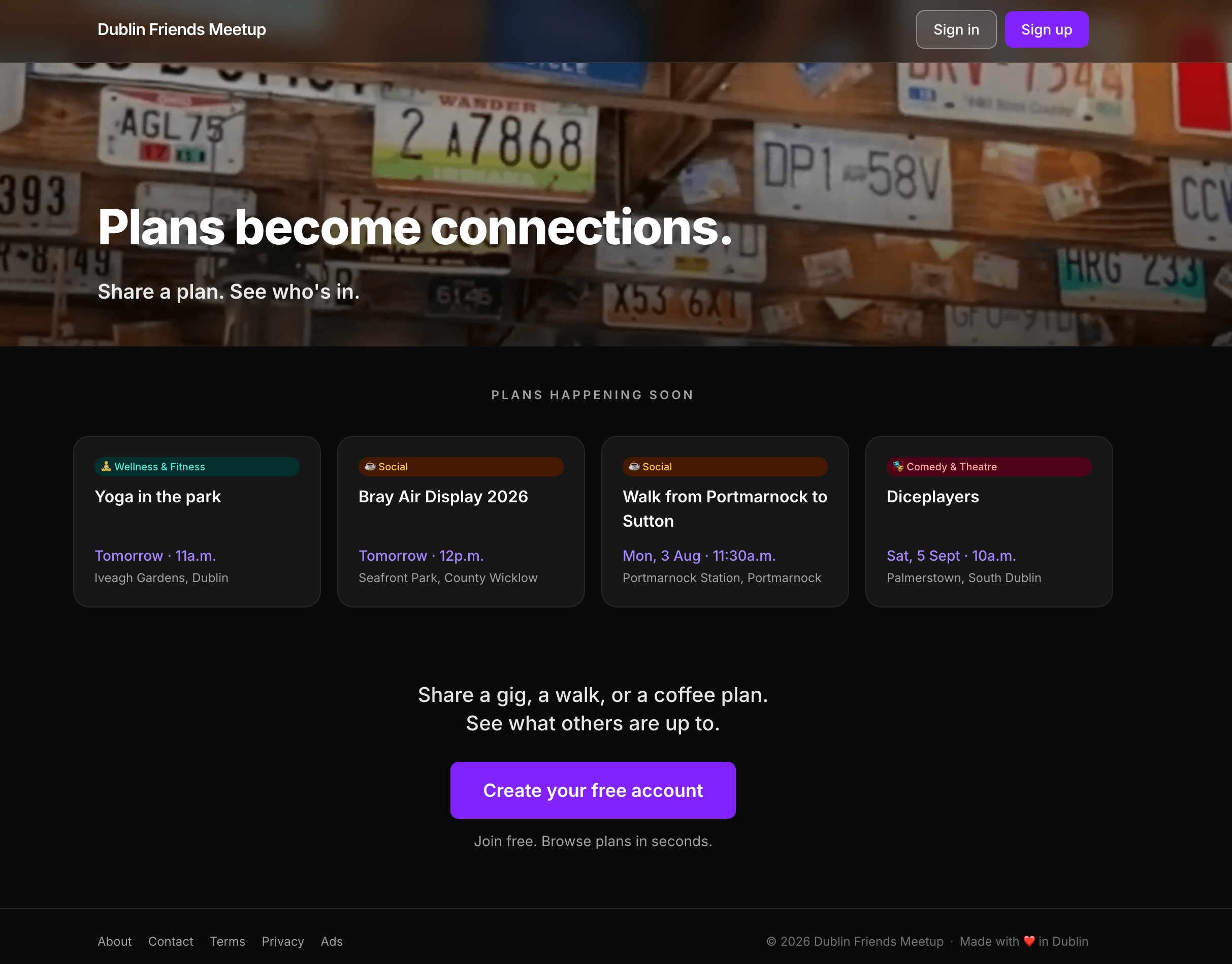 Desktop screenshot of the Dublin Friends Meetup website homepage